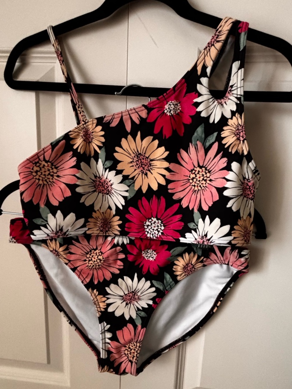 Floral One-Shoulder Swimsuit - Black with Pink, Red & Cream Flowers
